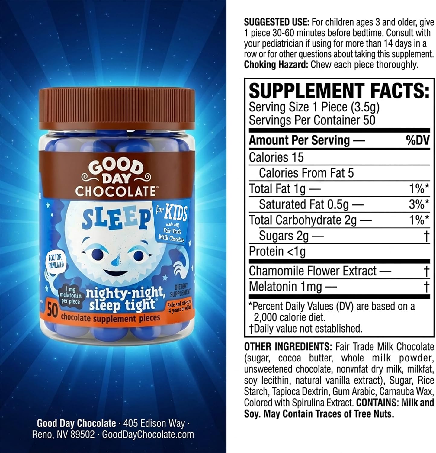 Good Day Chocolate Kids Sleep Aid, Melatonin 1mg & Chamomile, Milk Chocolate | 50 Count (Pack of 2) | Non-GMO, Fair Trade, Doctor-Founded