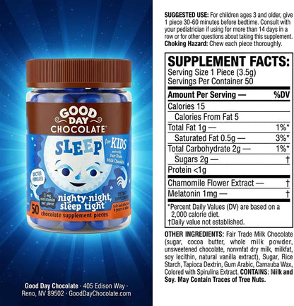 Good Day Chocolate Kids Sleep Aid, Melatonin 1mg & Chamomile, Milk Chocolate | 50 Count (Pack of 2) | Non-GMO, Fair Trade, Doctor-Founded