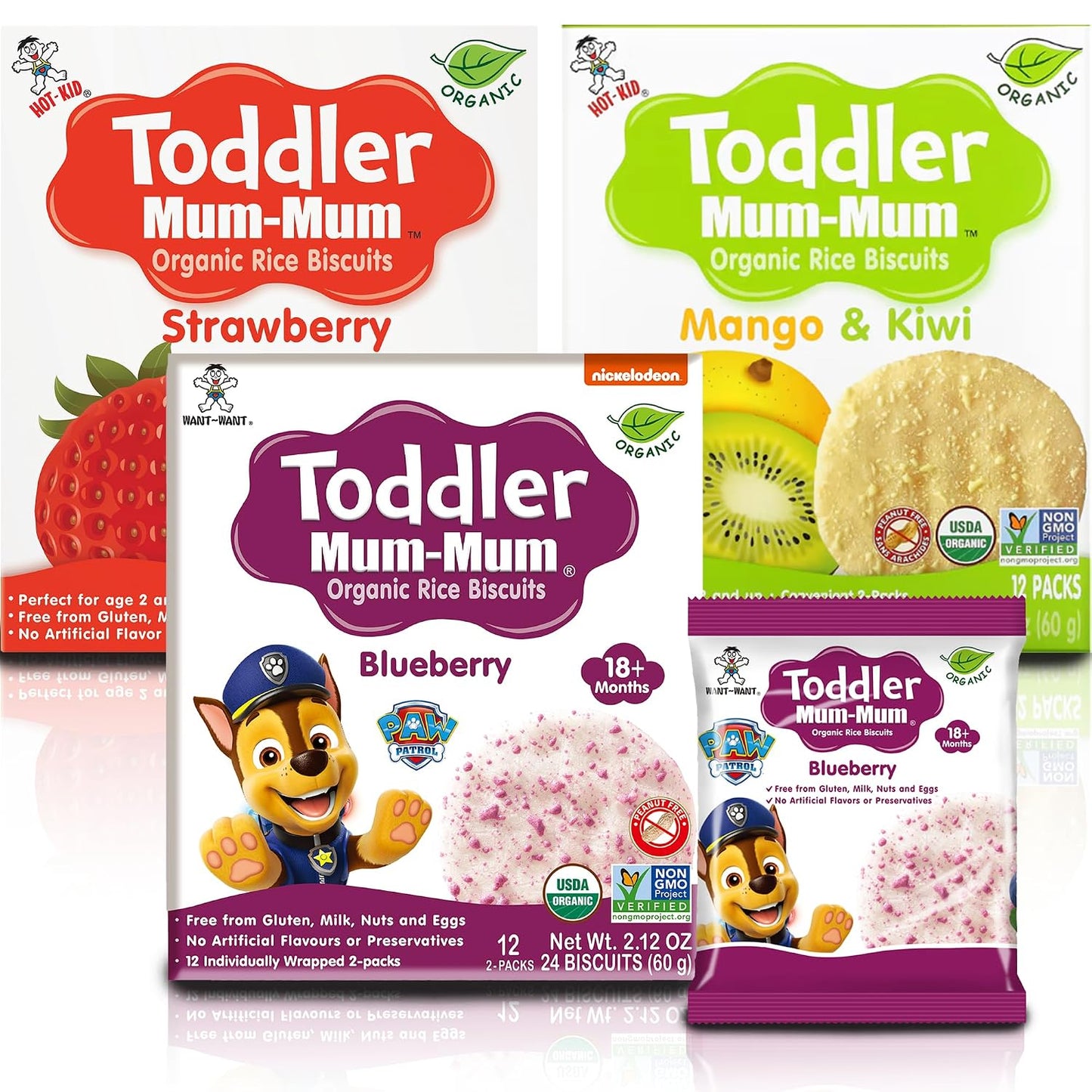 Toddler Mum-Mum Organic Rice Biscuits, Blueberry, Strawberry, Mango & Kiwi Variety Pack | 24 Count (Pack of 3) | Gluten Free, Allergen Free, Non-GMO
