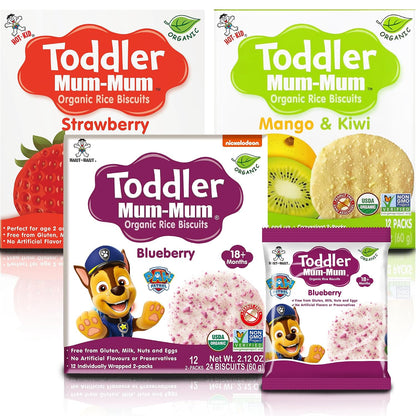 Toddler Mum-Mum Organic Rice Biscuits, Blueberry, Strawberry, Mango & Kiwi Variety Pack | 24 Count (Pack of 3) | Gluten Free, Allergen Free, Non-GMO