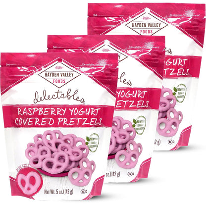 Hayden Valley Foods Raspberry Yogurt Covered Pretzels | 5 oz Bags (Pack of 3) | No Artificial Flavors, Preservatives or Colors | Pink Bulk Sweet Snacks