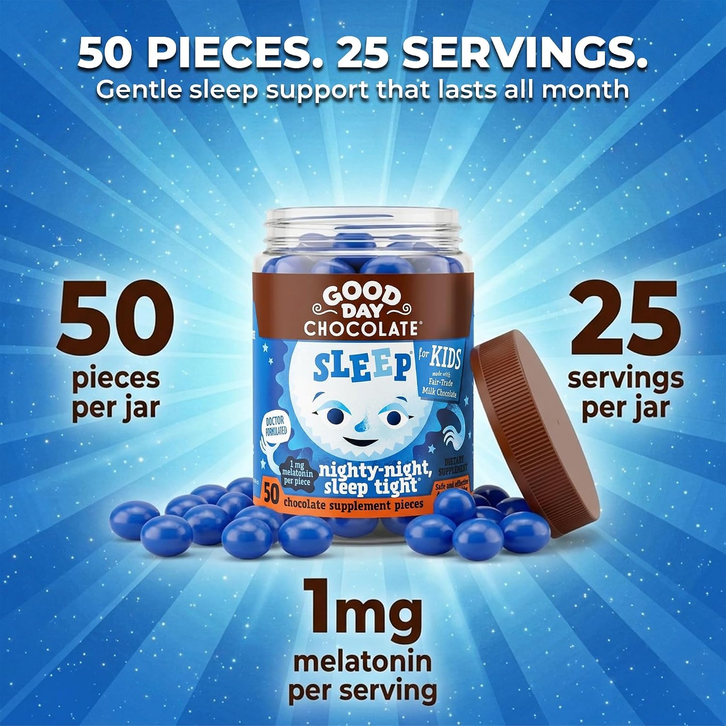Good Day Chocolate Kids Sleep Aid, Melatonin 1mg & Chamomile, Milk Chocolate | 50 Count (Pack of 2) | Non-GMO, Fair Trade, Doctor-Founded