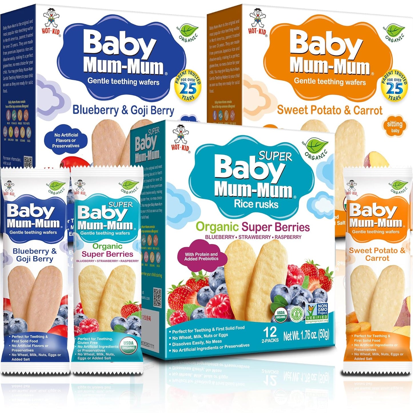 Baby Mum-Mum Organic Gentle Teething Crackers, Blueberry & Goji Berry, Super Berry, Sweet Potato & Carrot Variety Pack | 24 Count (Pack of 3) | Gluten Free, Allergen Free, Non-GMO