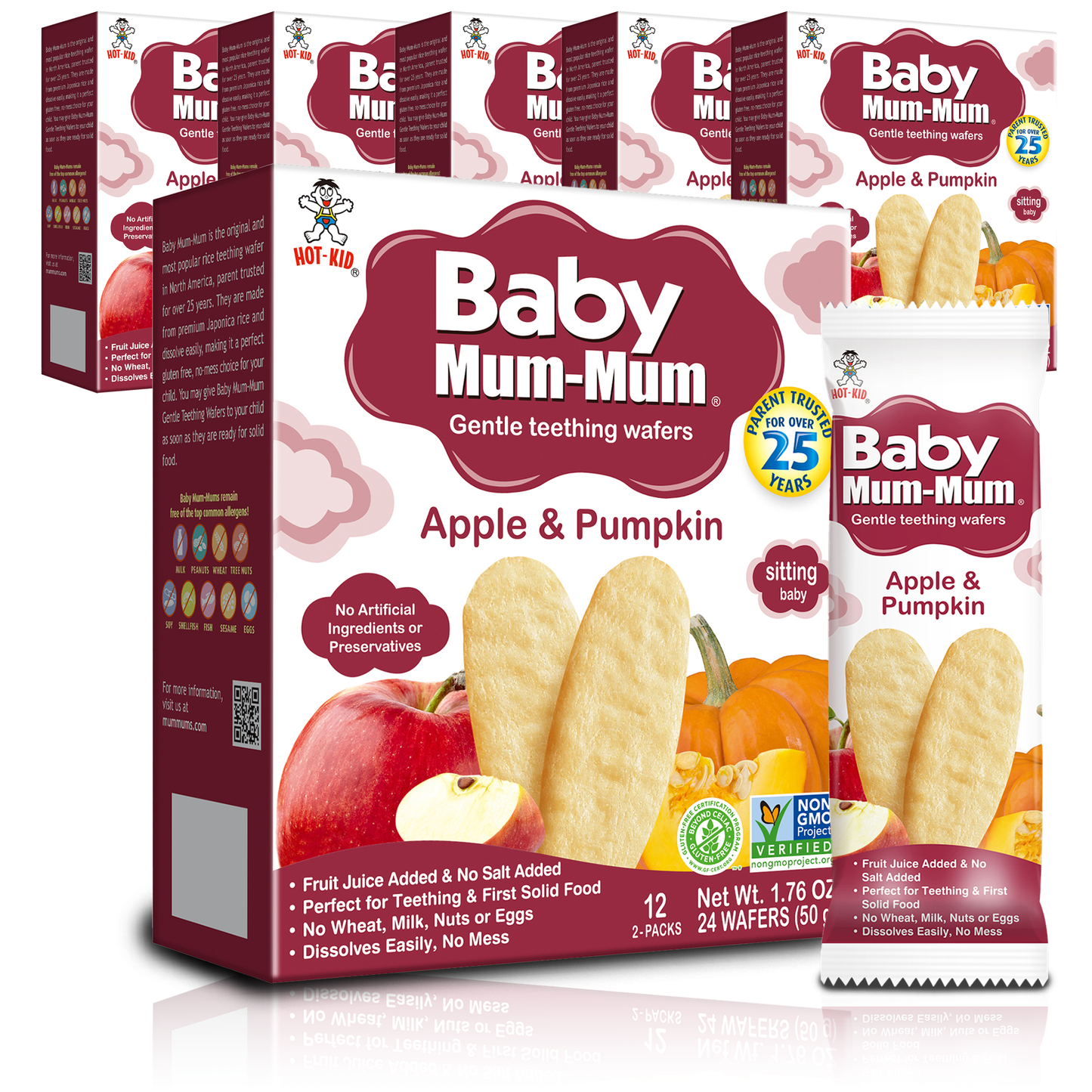 Baby Mum-Mum Gentle Teething Crackers, Apple & Pumpkin | 24 Count (Pack of 6) | Gluten Free, Allergen Free, Non-GMO | Baby Snack Teether Relief Rice Rusk Cookies for Toddlers