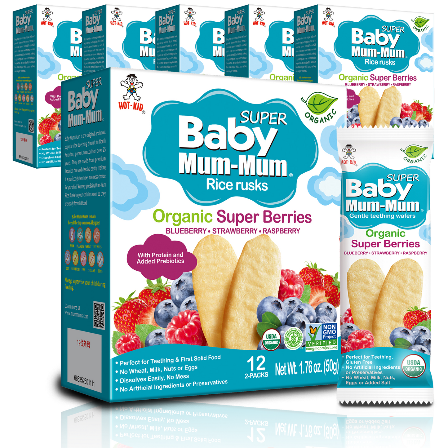 Baby Mum-Mum Organic Gentle Teething Crackers, Super Berry | 24 Count (Pack of 6) | Gluten Free, Allergen Free, Non-GMO | Baby Snacks, Teether Relief Rice Rusk Cookies for Babies