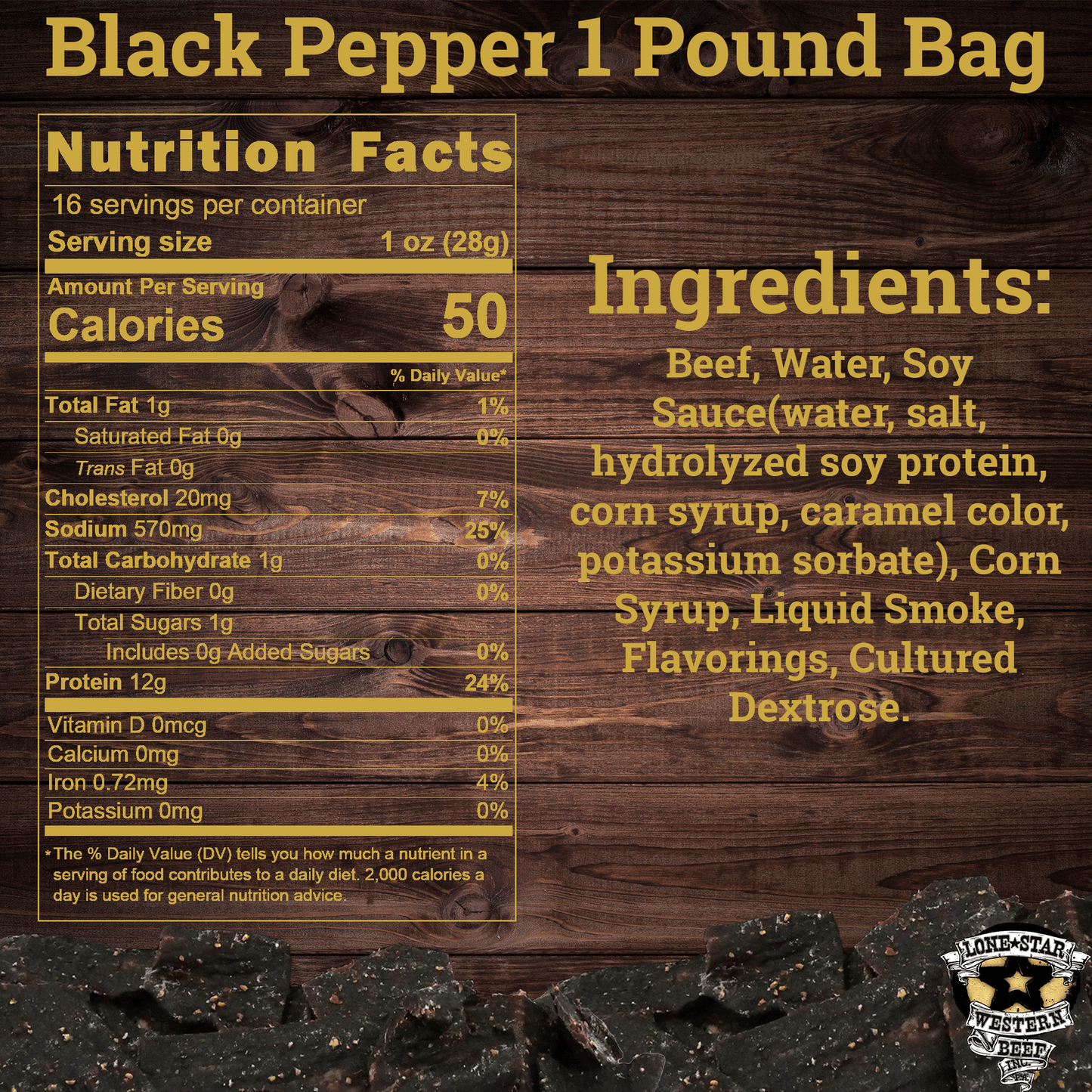 Lone Star Black Pepper Beef Jerky - 1 Pound Resealable Bag - Classic Handcrafted Flavor - Made in the USA