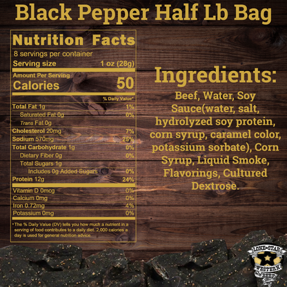 Lone Star Black Pepper Beef Jerky - Half Pound Resealable Bag - Spicy Handcrafted Flavor - Made in the USA