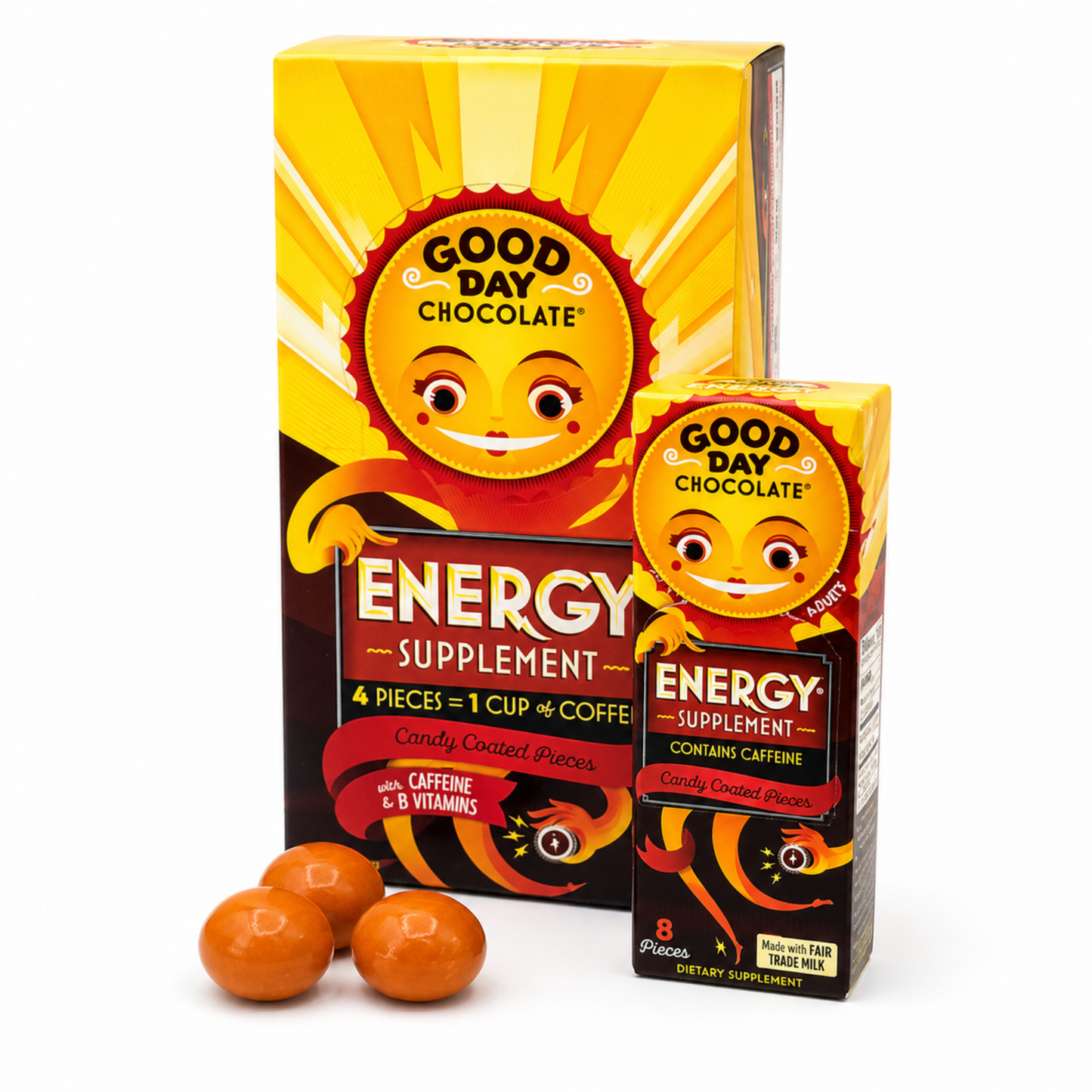 Good Day Chocolate Energy Supplement, Green Tea Extract & B Vitamins, Dark Chocolate for Adults | 8ct (Pack of 12) | Non-GMO, Fair Trade, Doctor-Founded