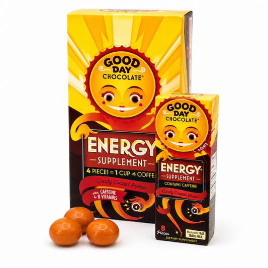 Good Day Chocolate Energy Supplement, Green Tea Extract & B Vitamins, Dark Chocolate for Adults | 8ct (Pack of 12) | Non-GMO, Fair Trade, Doctor-Founded