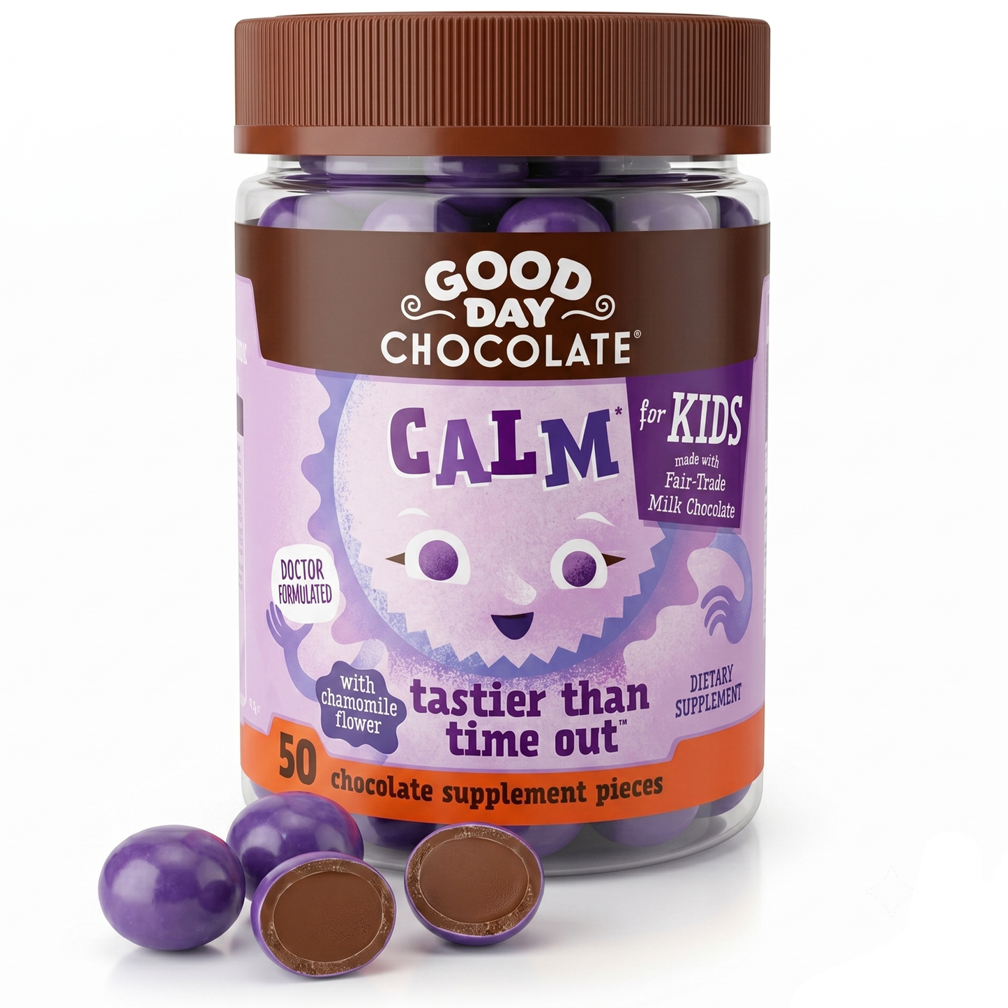 Good Day Chocolate Kids Calm Supplement, L-Theanine & Chamomile, Milk Chocolate | 50 Count | Non-GMO, Fair Trade, Doctor-Founded