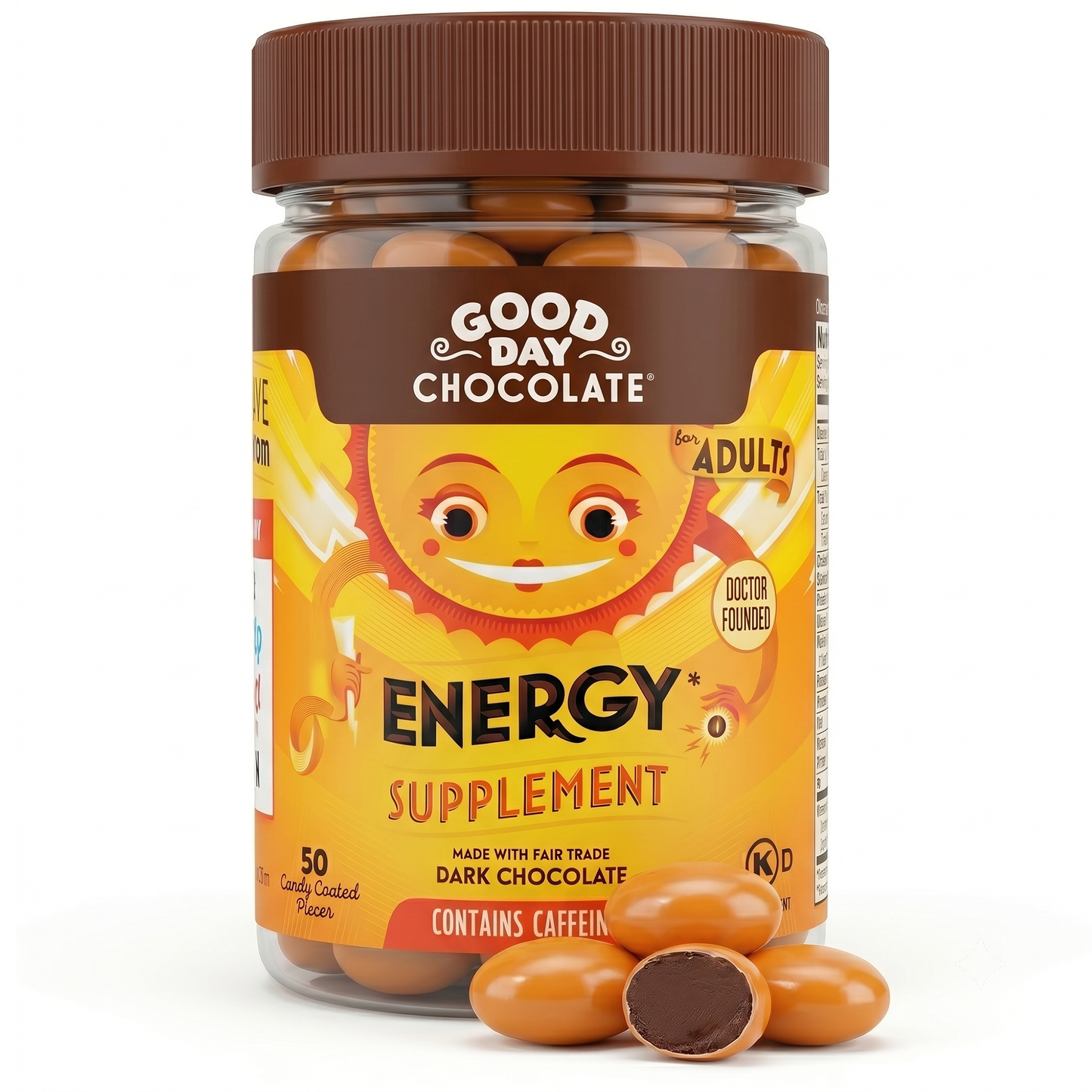 Good Day Chocolate Energy Supplement, Green Tea Extract & B Vitamins, Dark Chocolate for Adults | 50 Count | Non-GMO, Fair Trade, Doctor-Founded