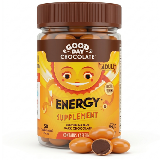Good Day Chocolate Energy Supplement, Green Tea Extract & B Vitamins, Dark Chocolate for Adults | 50 Count | Non-GMO, Fair Trade, Doctor-Founded