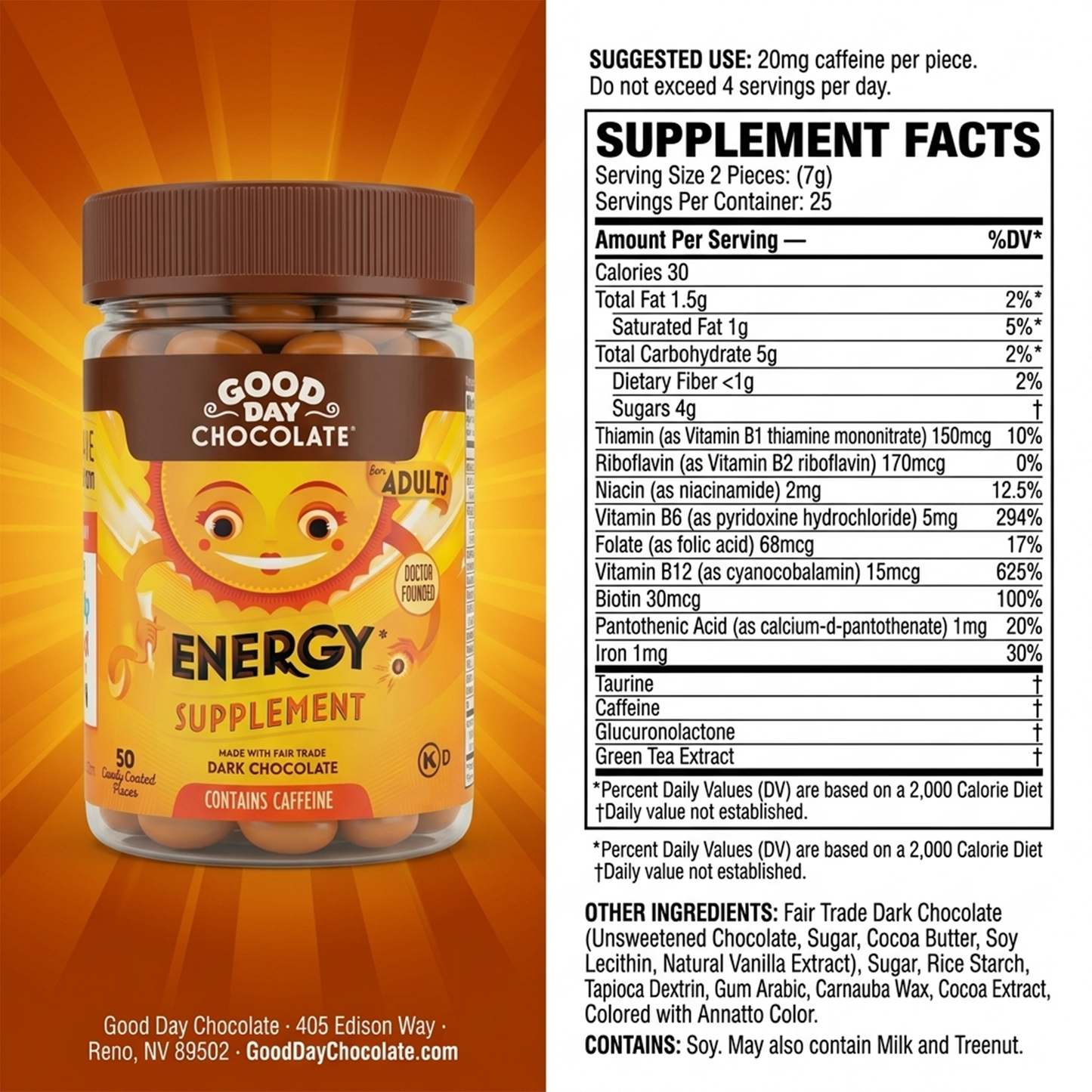 Good Day Chocolate Energy Supplement, Green Tea Extract & B Vitamins, Dark Chocolate for Adults | 50 Count | Non-GMO, Fair Trade, Doctor-Founded