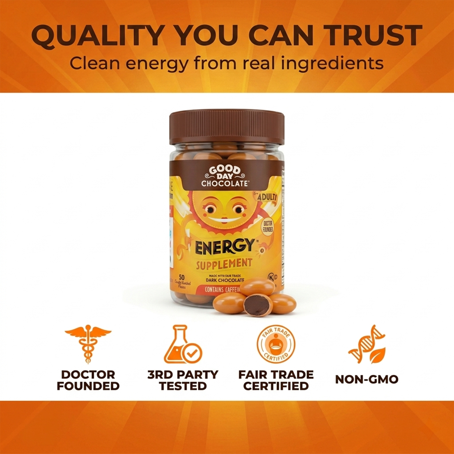 Good Day Chocolate Energy Supplement, Green Tea Extract & B Vitamins, Dark Chocolate for Adults | 50 Count | Non-GMO, Fair Trade, Doctor-Founded