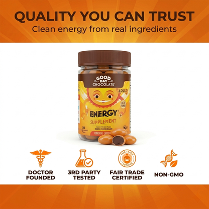 Good Day Chocolate Energy Supplement, Green Tea Extract & B Vitamins, Dark Chocolate for Adults | 50 Count | Non-GMO, Fair Trade, Doctor-Founded