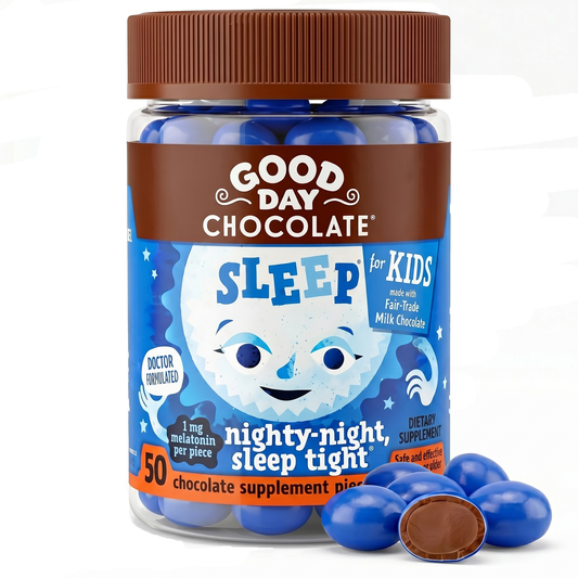 Good Day Chocolate Kids Sleep Aid, Melatonin 1mg & Chamomile, Milk Chocolate | 50 Count | Non-GMO, Fair Trade, Doctor-Founded