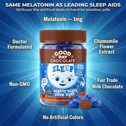 Good Day Chocolate Kids Sleep Aid, Melatonin 1mg & Chamomile, Milk Chocolate | 50 Count | Non-GMO, Fair Trade, Doctor-Founded