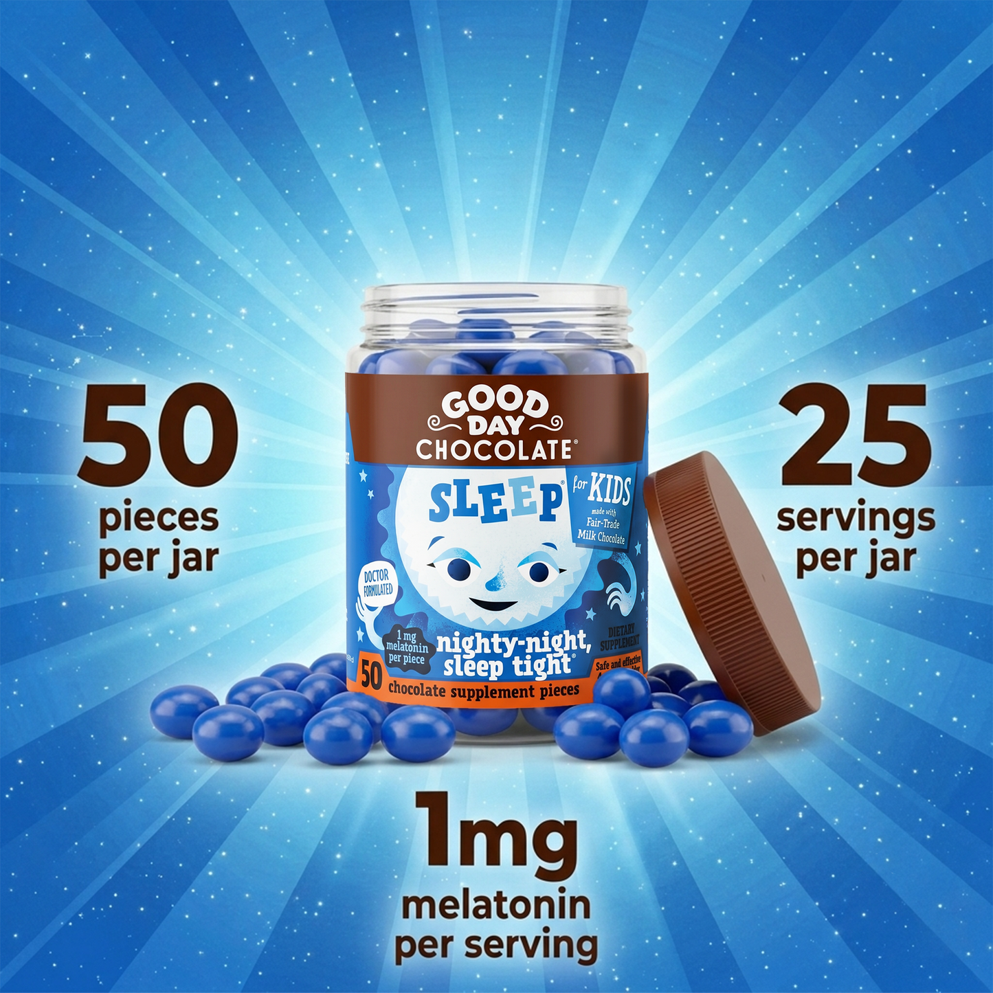 Good Day Chocolate Kids Sleep Aid, Melatonin 1mg & Chamomile, Milk Chocolate | 50 Count | Non-GMO, Fair Trade, Doctor-Founded