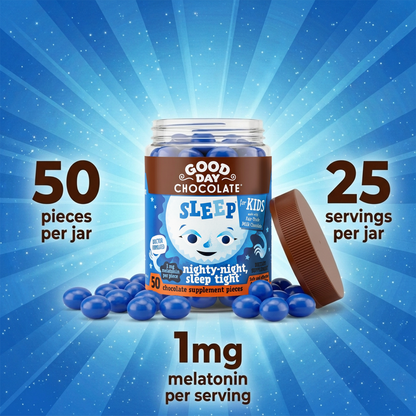 Good Day Chocolate Kids Sleep Aid, Melatonin 1mg & Chamomile, Milk Chocolate | 50 Count | Non-GMO, Fair Trade, Doctor-Founded