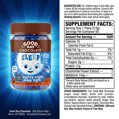 Good Day Chocolate Kids Sleep Aid, Melatonin 1mg & Chamomile, Milk Chocolate | 50 Count | Non-GMO, Fair Trade, Doctor-Founded