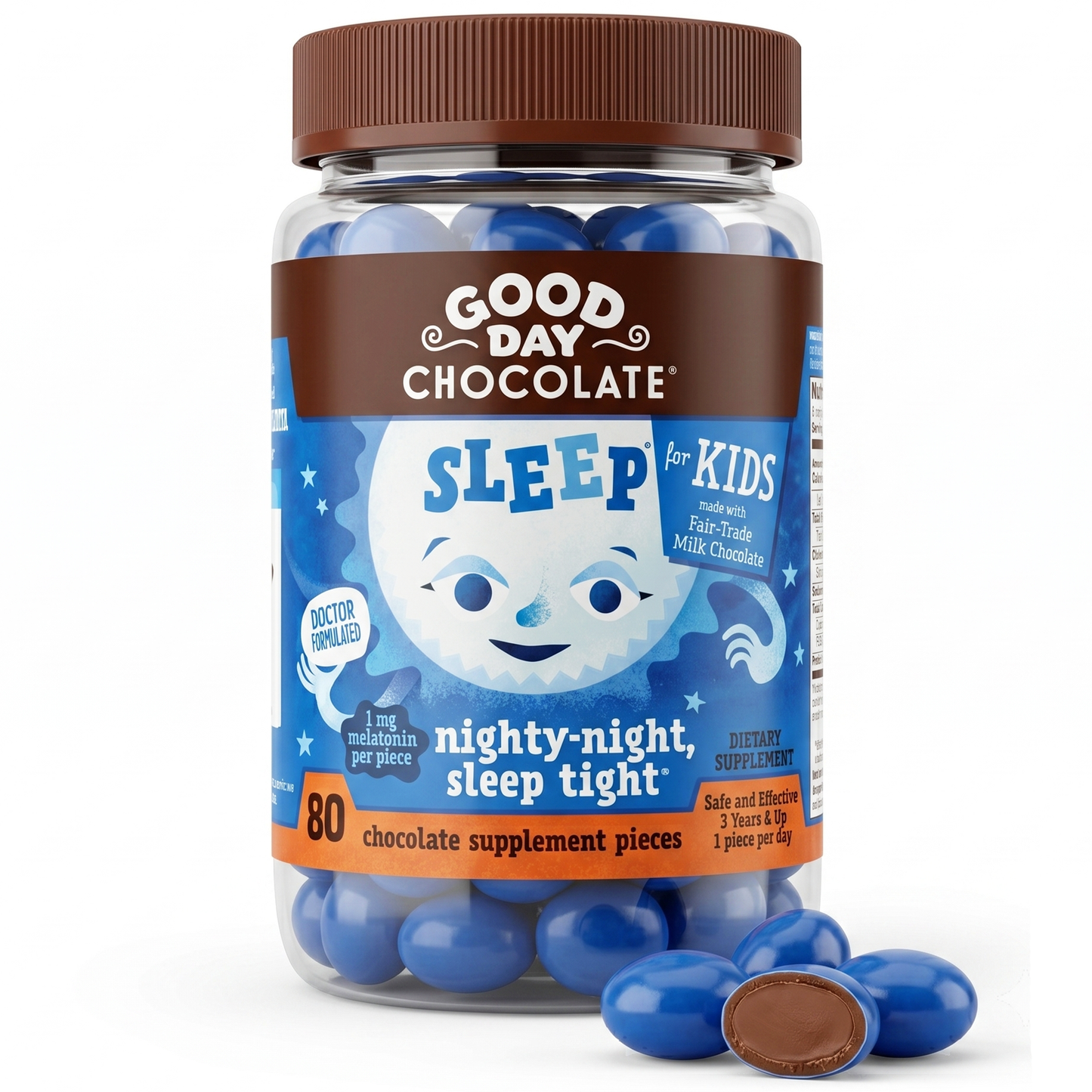 Good Day Chocolate Kids Sleep Aid, Melatonin 1mg & Chamomile, Milk Chocolate | 80 Count | Non-GMO, Fair Trade, Doctor-Founded
