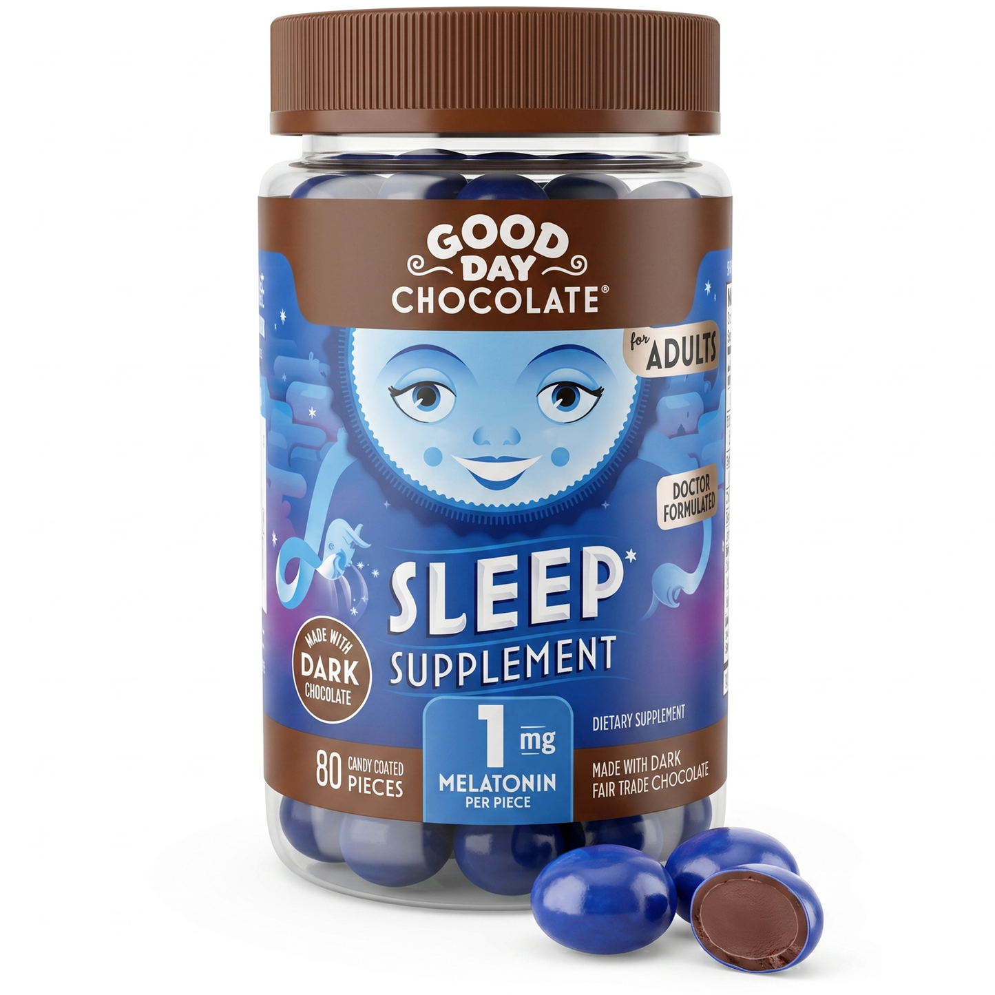 Good Day Chocolate Sleep Aid, Melatonin 1mg & Chamomile, Dark Chocolate for Adults | 80 Count | Non-GMO, Fair Trade, Doctor-Founded