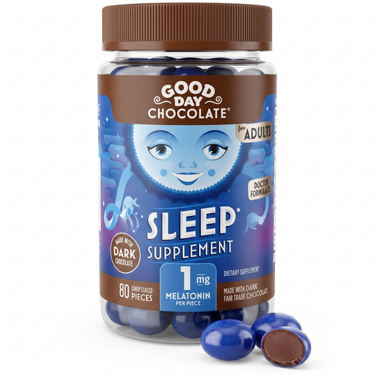 Good Day Chocolate Sleep Aid, Melatonin 1mg & Chamomile, Dark Chocolate for Adults | 80 Count | Non-GMO, Fair Trade, Doctor-Founded