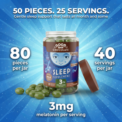 Good Day Chocolate Sleep Aid, Melatonin 3mg & Chamomile, Milk Chocolate for Adults | 80 Count | Non-GMO, Fair Trade, Doctor-Founded