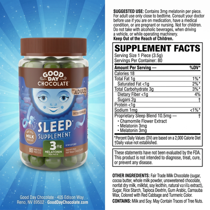 Good Day Chocolate Sleep Aid, Melatonin 3mg & Chamomile, Milk Chocolate for Adults | 80 Count | Non-GMO, Fair Trade, Doctor-Founded
