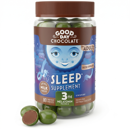 Good Day Chocolate Sleep Aid, Melatonin 3mg & Chamomile, Milk Chocolate for Adults | 80 Count | Non-GMO, Fair Trade, Doctor-Founded