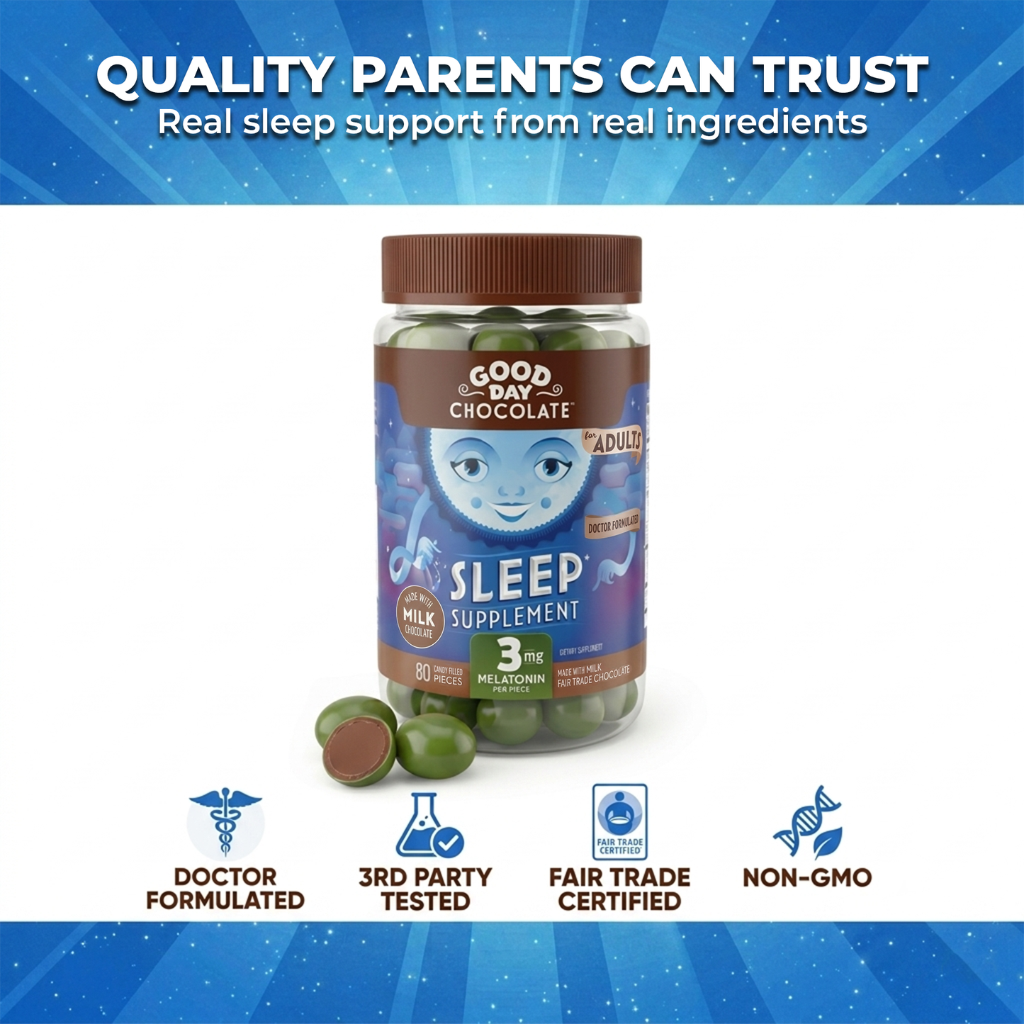 Good Day Chocolate Sleep Aid, Melatonin 3mg & Chamomile, Milk Chocolate for Adults | 80 Count | Non-GMO, Fair Trade, Doctor-Founded