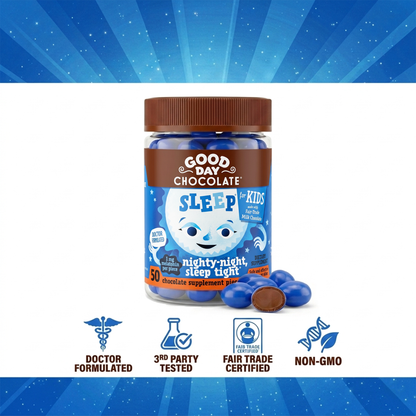 Good Day Chocolate Kids Sleep Aid, Melatonin 1mg & Chamomile, Milk Chocolate | 50 Count | Non-GMO, Fair Trade, Doctor-Founded
