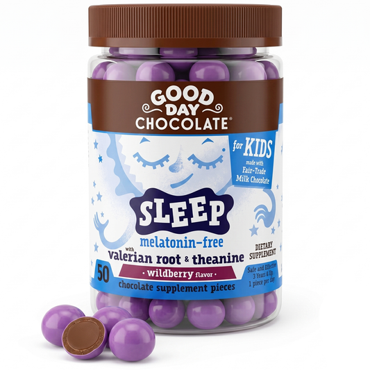Good Day Chocolate Kids Sleep Aid, Valerian Root & L-Theanine, Melatonin-Free, Milk Chocolate | 50 Count | Non-GMO, Fair Trade, Doctor-Founded