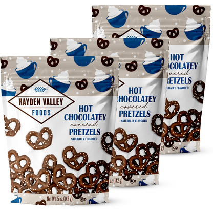 Hayden Valley Foods Hot Chocolatey Covered Pretzels | 5 oz Bags (Pack of 3) | Flavored Holiday Snacks