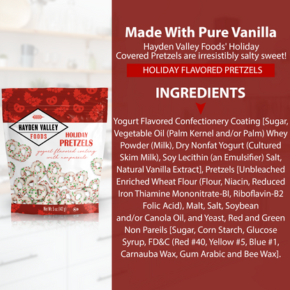 Hayden Valley Foods Holiday Yogurt Covered Pretzels | 5 oz Resealable Bag | Gourmet Flavored Pretzels