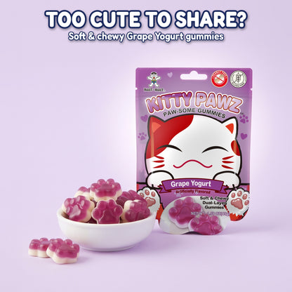 Want Want Kitty Pawz Gummies Variety Pack, Strawberry, Grape & Orange Yogurt Flavors, Cat Paw Shaped Dual-Layer Gummy Candy, Peanut Free & Gluten Free, 1.59 oz Bags (Pack of 6)