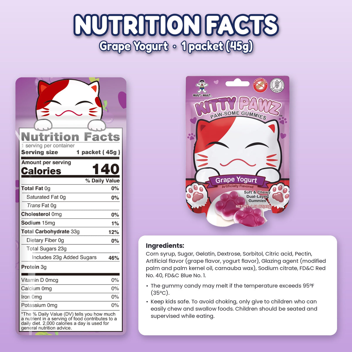Want Want Kitty Pawz Gummies Variety Pack, Strawberry, Grape & Orange Yogurt Flavors, Cat Paw Shaped Dual-Layer Gummy Candy, Peanut Free & Gluten Free, 1.59 oz Bags (Pack of 6)