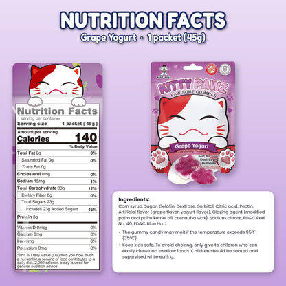 Want Want Kitty Pawz Gummies Variety Pack, Strawberry, Grape & Orange Yogurt Flavors, Cat Paw Shaped Dual-Layer Gummy Candy, Peanut Free & Gluten Free, 1.59 oz Bags (Pack of 6)