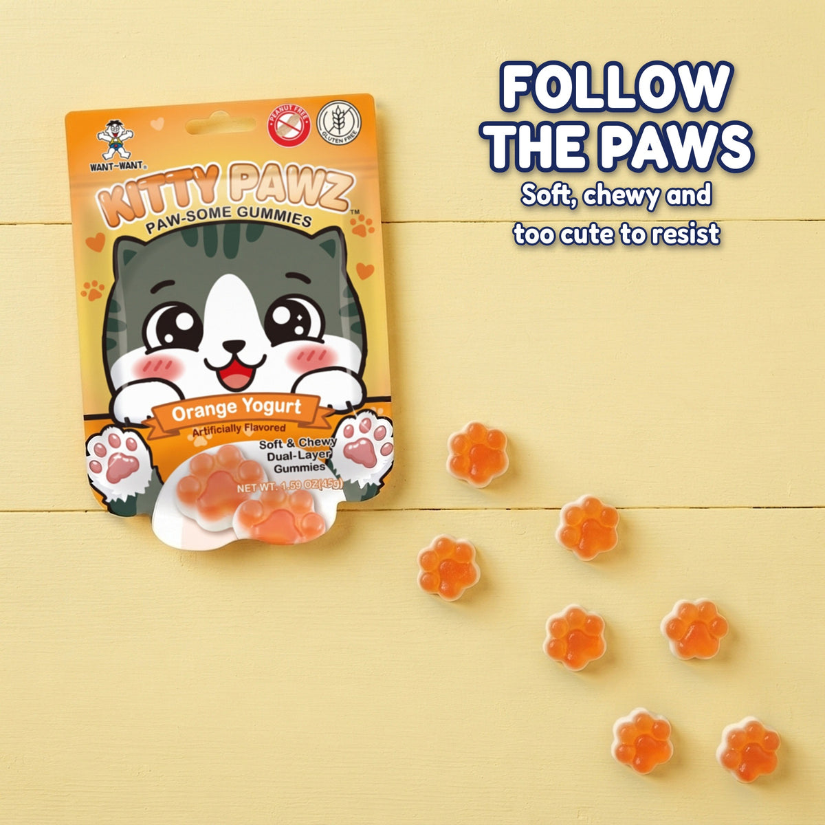 Want Want Kitty Pawz Gummies Variety Pack, Strawberry, Grape & Orange Yogurt Flavors, Cat Paw Shaped Dual-Layer Gummy Candy, Peanut Free & Gluten Free, 1.59 oz Bags (Pack of 6)