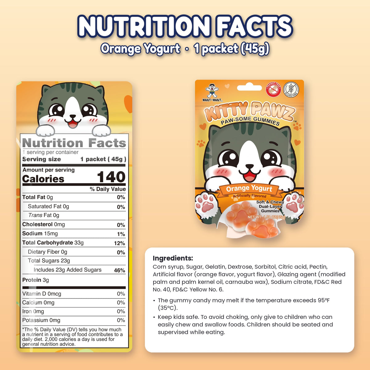Want Want Kitty Pawz Gummies Variety Pack, Strawberry, Grape & Orange Yogurt Flavors, Cat Paw Shaped Dual-Layer Gummy Candy, Peanut Free & Gluten Free, 1.59 oz Bags (Pack of 6)