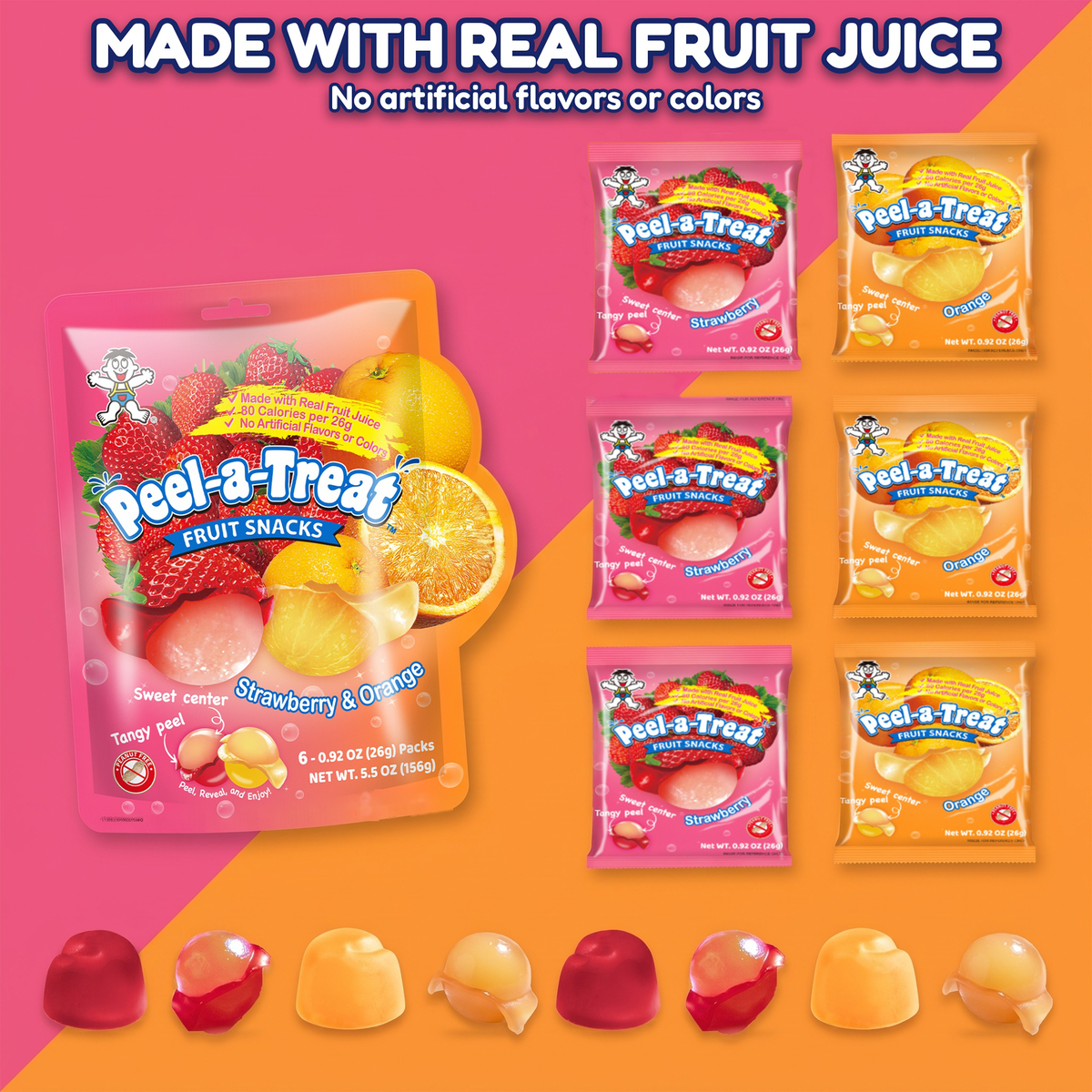 Peel-a-Treat Peelable Fruit Snacks Variety Pack, Grape & Peach and Strawberry & Orange, Made with Real Fruit Juice, 12 Individually Wrapped 0.92 oz Packs (2 Bags)