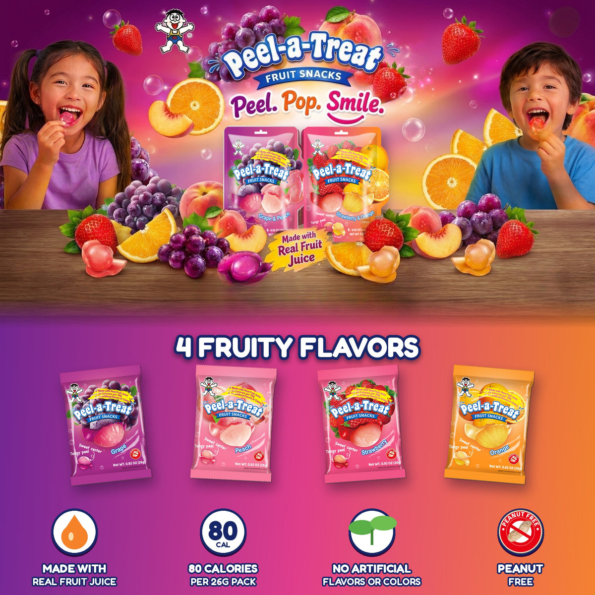 Peel-a-Treat Peelable Fruit Snacks Variety Pack, Grape & Peach and Strawberry & Orange, Made with Real Fruit Juice, 12 Individually Wrapped 0.92 oz Packs (2 Bags)