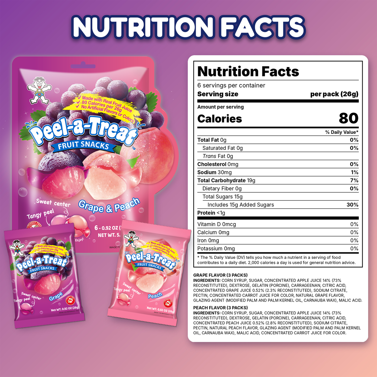 Peel-a-Treat Peelable Fruit Snacks Variety Pack, Grape & Peach and Strawberry & Orange, Made with Real Fruit Juice, 12 Individually Wrapped 0.92 oz Packs (2 Bags)