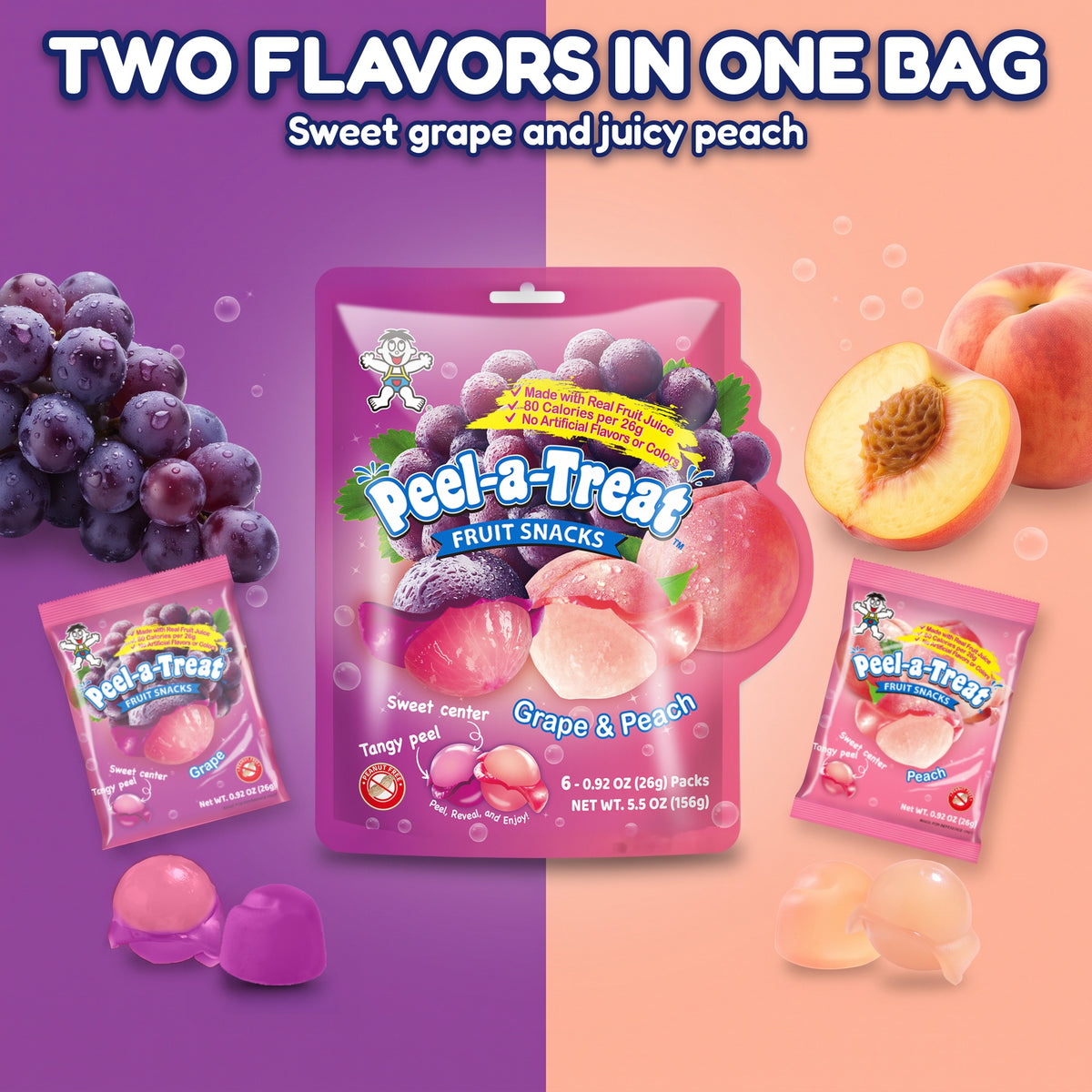 Peel-a-Treat Peelable Fruit Snacks Variety Pack, Grape & Peach and Strawberry & Orange, Made with Real Fruit Juice, 12 Individually Wrapped 0.92 oz Packs (2 Bags)