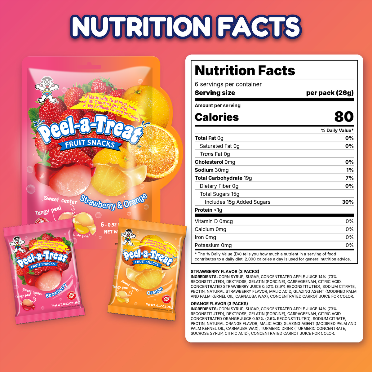 Peel-a-Treat Peelable Fruit Snacks Variety Pack, Grape & Peach and Strawberry & Orange, Made with Real Fruit Juice, 12 Individually Wrapped 0.92 oz Packs (2 Bags)