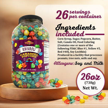 Stonehedge Farms Gourmet Rainbow Caramel Flavored Popcorn - 26 oz Barrel - Deliciously Old Fashioned - Red, Yellow, Green and Blue Popcorn