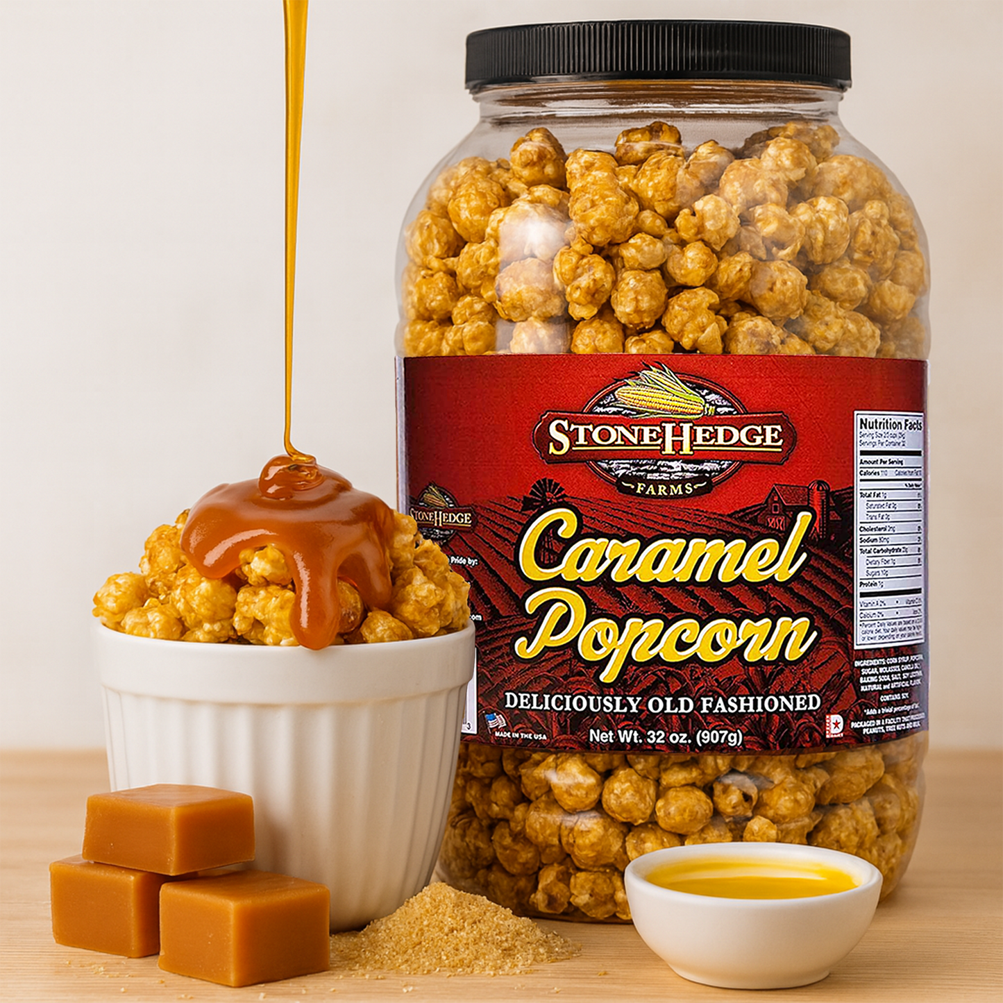 Stonehedge Farms Caramel Flavored Popcorn | 32 oz Large Tub | Perfect for Holidays and Christmas | Bulk Gourmet Popped Sweet Snacks | Made in the USA