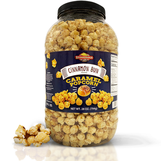 Stonehedge Farms Cinnamon Bun Flavored Popcorn - 28 oz Large Tub - Bulk Gourmet Deliciously Old Fashioned Popped Sweet Snacks - Made in the USA