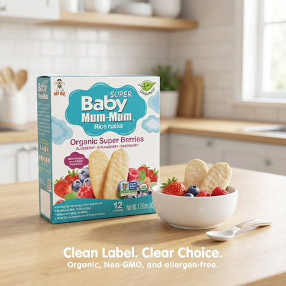 Baby Mum-Mum Organic Gentle Teething Crackers, Super Berry | 24 Count (Pack of 6) | Gluten Free, Allergen Free, Non-GMO | Baby Snacks, Teether Relief Rice Rusk Cookies for Babies