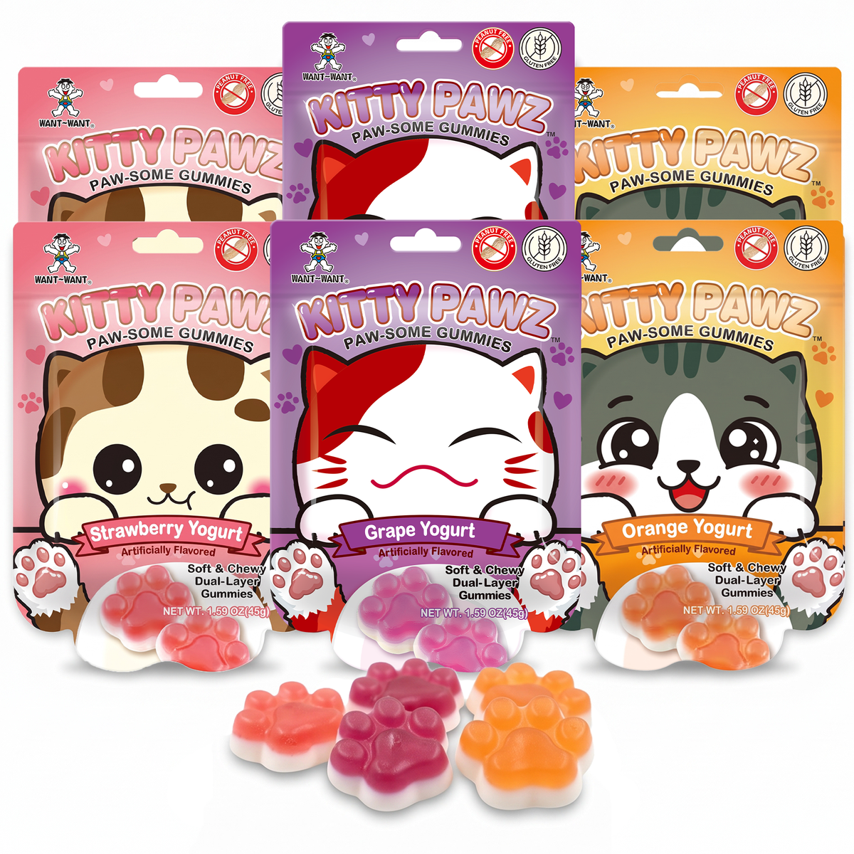 Want Want Kitty Pawz Gummies Variety Pack, Strawberry, Grape & Orange Yogurt Flavors, Cat Paw Shaped Dual-Layer Gummy Candy, Peanut Free & Gluten Free, 1.59 oz Bags (Pack of 6)